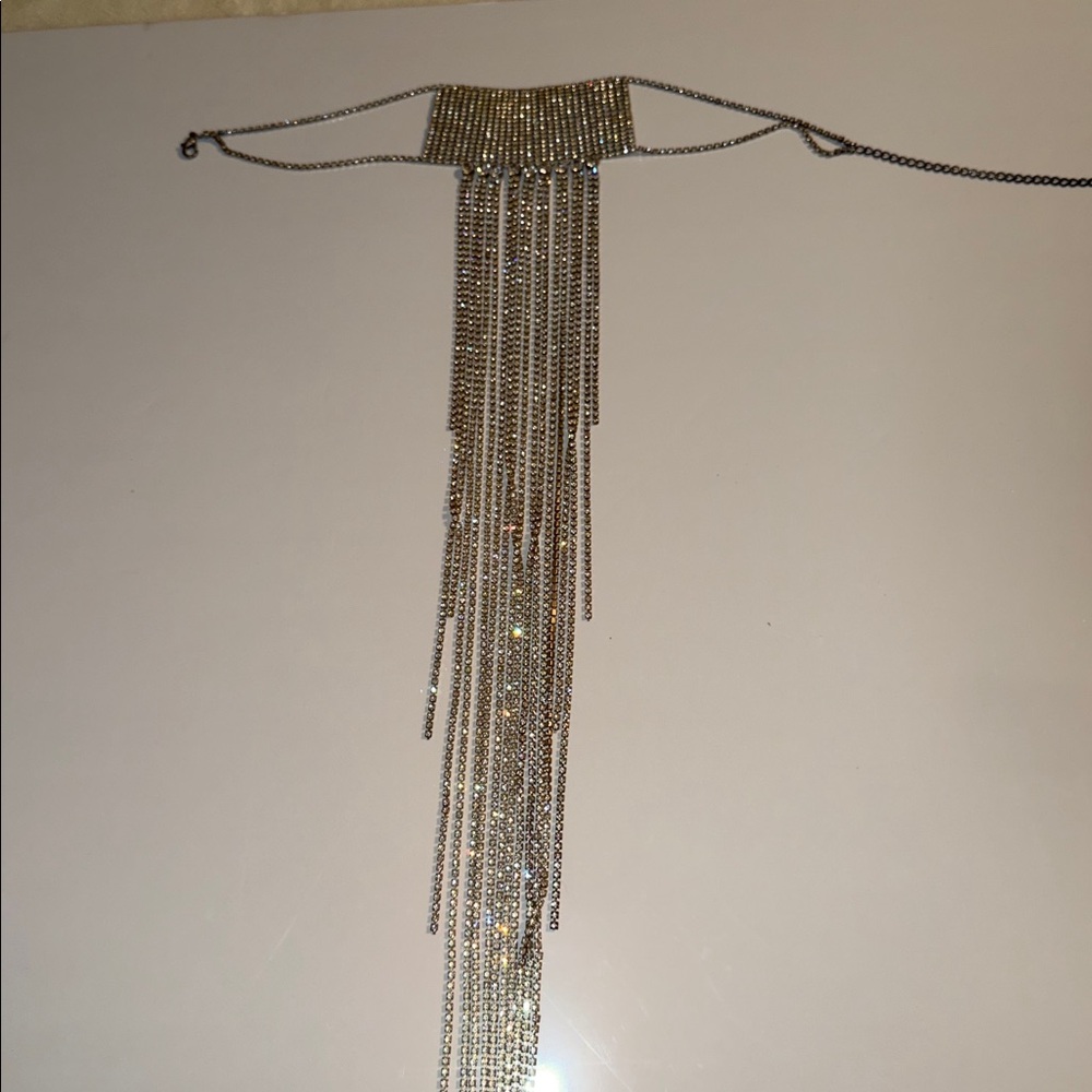 Silver Chain Fringe Necklace Chocker with Multiple Chains and Rhinestones. 23”